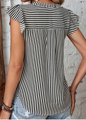Black tops,White tops,Striped tops,Ruffle Striped Black Split Neck Short Sleeve Blouse