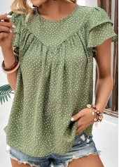 Button Polka Dot Green Round Neck Blouse
