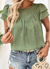 Green tops,Dot tops,Button Polka Dot Green Round Neck Blouse