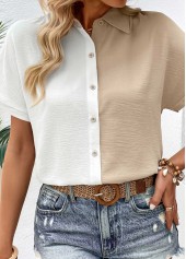 White tops,Light Camel tops,Contrast Color tops,Button White Shirt Collar Short Sleeve Blouse