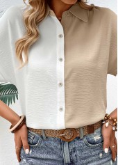 White tops,Light Camel tops,Contrast Color tops,Button White Shirt Collar Short Sleeve Blouse