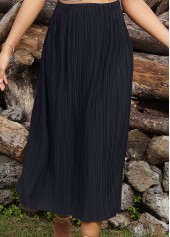 Pleated Black Elastic Waist A Line Skirt