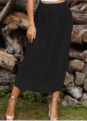 Black bottoms,Plain Color bottoms,Pleated Black Elastic Waist A Line Skirt