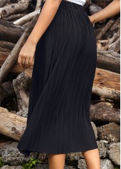 Black bottoms,Plain Color bottoms,Pleated Black Elastic Waist A Line Skirt