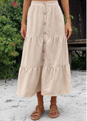 Beige bottoms,Plain Color bottoms,Button Beige Elastic Waist A Line Skirt