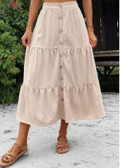 Beige bottoms,Plain Color bottoms,Button Beige Elastic Waist A Line Skirt