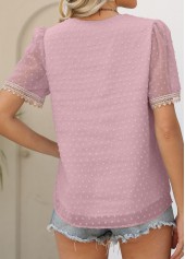 Pink tops,Contrast Color tops,Patchwork Pink V Neck Short Sleeve Blouse