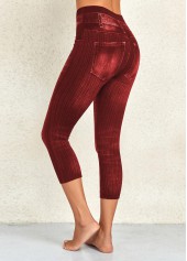 Wine Red bottoms,Plain Color bottoms,Wine Red High Waisted Elastic Waist Capri Leggings