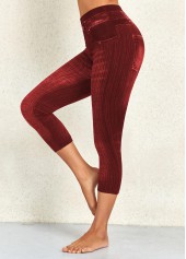 Wine Red bottoms,Plain Color bottoms,Wine Red High Waisted Elastic Waist Capri Leggings