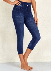 Denim Blue bottoms,Plain Color bottoms,Denim Blue High Waisted Elastic Waist Capri Leggings