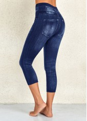 Denim Blue bottoms,Plain Color bottoms,Denim Blue High Waisted Elastic Waist Capri Leggings