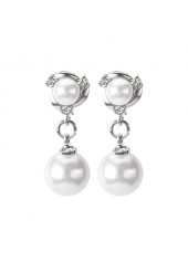 Round Pearl Detail Geometric Pattern Silver Earrings