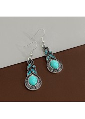 Oval Metal Tribal Design Turquoise Earrings