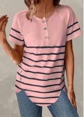 Light Pink plus size,Striped plus size,ROTITA Plus Size Button Light Pink Striped T Shirt