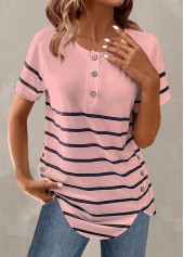 ROTITA Plus Size Button Light Pink Striped T Shirt