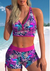 Hot Pink swimwear,Plants swimwear,Animal Print swimwear,ROTITA Three-piece Hot Pink High Waisted Tankini Set