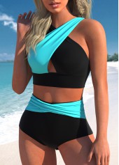 Black plus size,Cyan plus size,Contrast Color plus size,ROTITA Plus Size High Waisted Criss Cross Black Bikini Set
