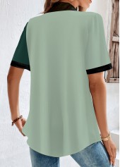 Green tops,Contrast Color tops,ROTITA Button Green Shirt Collar Short Sleeve Blouse