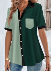 Green tops,Contrast Color tops,ROTITA Button Green Shirt Collar Short Sleeve Blouse