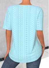 Light Blue tops,Plain Color tops,ROTITA Button Light Blue Split Neck Short Sleeve Blouse