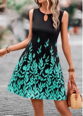 Cyan dresses,Black dresses,Plants dresses,Everyday dresses,Casual dresses,ROTITA Cut Out Leaf Print Cyan Dress