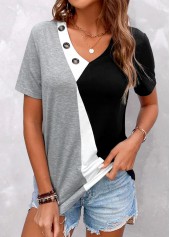 ROTITA Plus Size Button Grey V Neck T Shirt