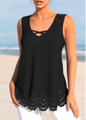 Black tops,Plain Color tops,ROTITA Burn Out Printing Black V Neck Tank Top