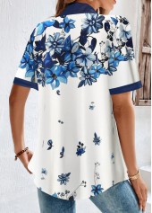 White tops,Blue tops,Floral tops,Plants tops,ROTITA Button Floral Print White Shirt Collar Blouse