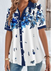 White tops,Blue tops,Floral tops,Plants tops,ROTITA Button Floral Print White Shirt Collar Blouse