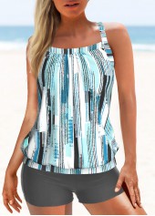 Cyan swimwear,Geometric swimwear,Striped swimwear,ROTITA Criss Cross Cyan Geometric Print Tankini Top
