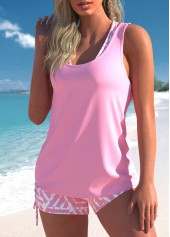 Pink swimwear,Geometric swimwear,ROTITA Three-piece Pink Geometric Print Mid Waisted Tankini Set