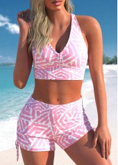 Pink swimwear,Geometric swimwear,ROTITA Three-piece Pink Geometric Print Mid Waisted Tankini Set