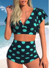 ROTITA Ruched Black Polka Dot Mid Waisted Bikini Set