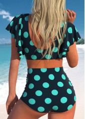 Black swimwear,Dusty Blue swimwear,Dot swimwear,ROTITA Ruched Black Polka Dot Mid Waisted Bikini Set