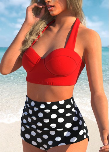 Red swimwear,Dot swimwear,ROTITA Polka Dot Print Halter Neck High Waist Bikini Set