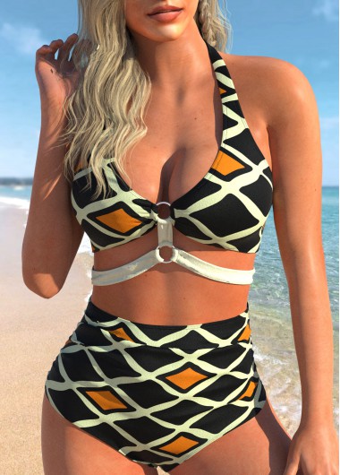 Multi Color swimwear,Geometric swimwear,ROTITA High Waisted Geometric Print Halter Bikini Set 