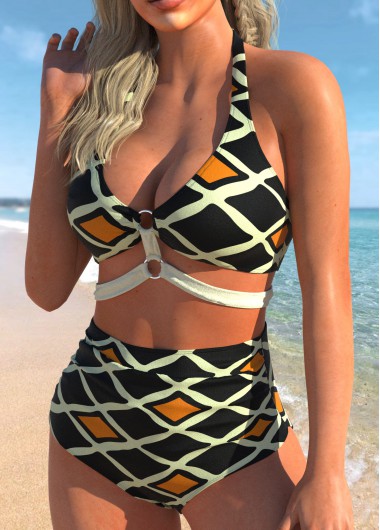 Multi Color swimwear,Geometric swimwear,ROTITA High Waisted Geometric Print Halter Bikini Set 