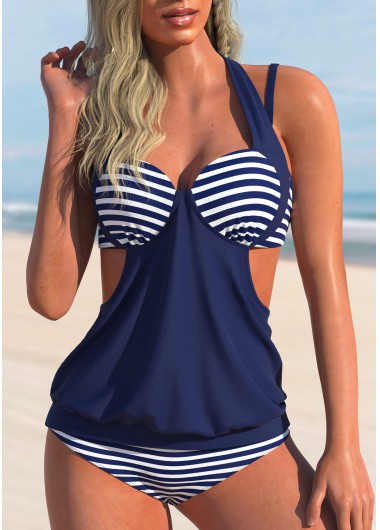 Navy swimwear,Striped swimwear,ROTITA Halter Striped Navy Blue Tankini Set