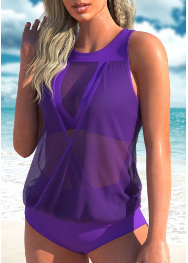 Purple swimwear,Plain Color swimwear,ROTITA Mesh Purple Mid Waisted Tankini Set