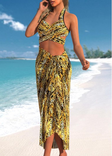 Gold swimwear,Black swimwear,Leopard swimwear,Animal Print swimwear,ROTITA Criss Cross Gold Leopard Bikini Set and Cover Up