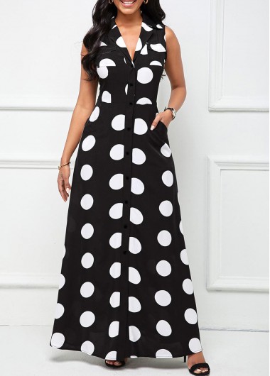 Black dresses,White dresses,Dot dresses,Geometric dresses,ROTITA Button Polka Dot Black Lapel Sleeveless Maxi Dress