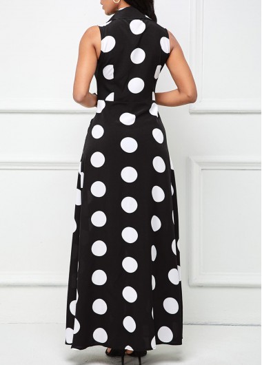 Black dresses,White dresses,Dot dresses,Geometric dresses,ROTITA Button Polka Dot Black Lapel Sleeveless Maxi Dress