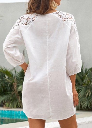 White swimwear,Plain Color swimwear,Patchwork Lace Tie White Cover Up