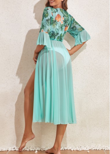 Mint Green swimwear,Plants swimwear,Floral swimwear,Ruffle Mint Green Leaf Print Cover Up