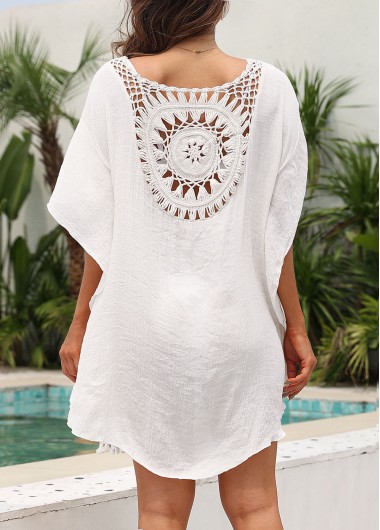 White swimwear,Plain Color swimwear,Tassel Weave Asymmetric Hem White Cover Up