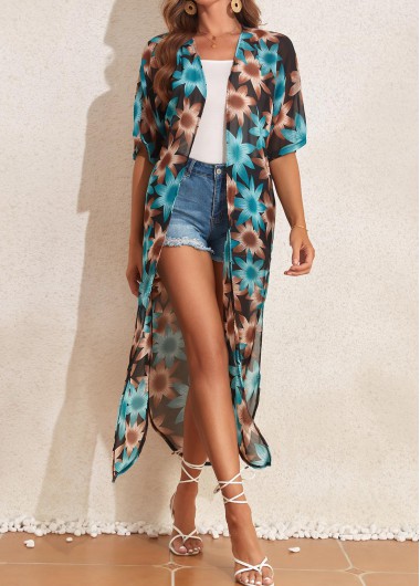 Multi Color swimwear,Floral swimwear,Split Multi Color Floral Print Cover Up