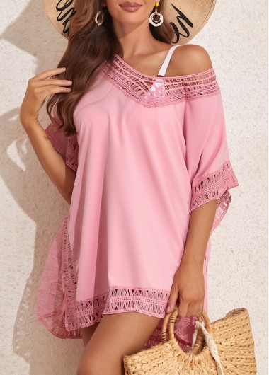 Light Pink swimwear,Plain Color swimwear,Patchwork Side Slit Light Pink Cover Up