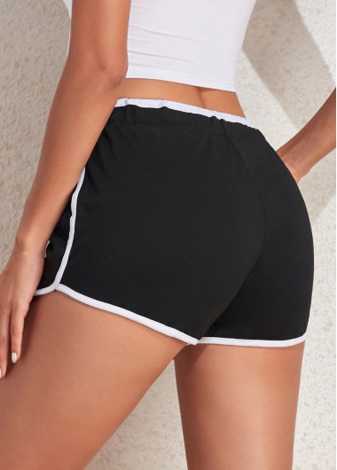 Black bottoms,Plain Color bottoms,Contrast Binding Black Regular Drawastring High Waisted Shorts