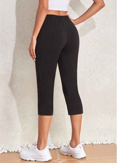 Black bottoms,Plain Color bottoms,Pocket Black Regular Drawastring High Waisted Pants