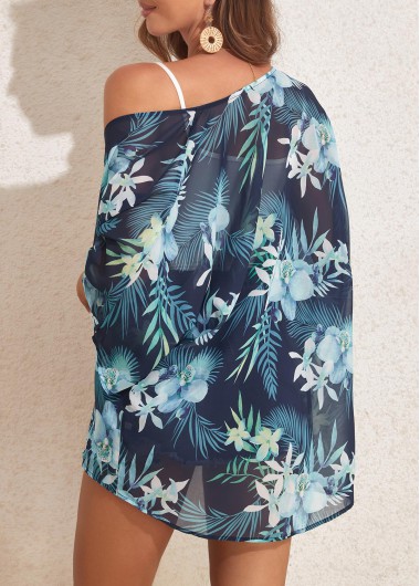 Blue swimwear,Plants swimwear,Floral swimwear,Lightweight Blue Plants Print Cover Up